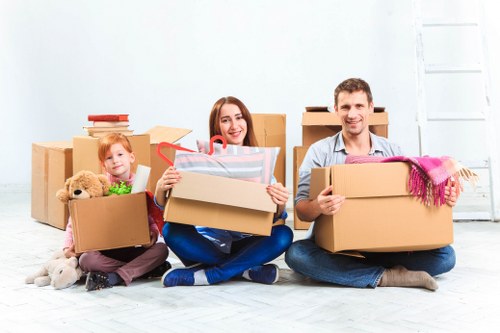 Office relocation planning in Camden with moving crates and business furniture